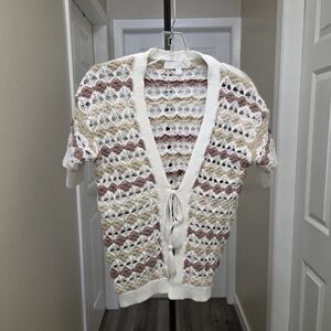 Adyson Parker Crochet Knit Boho Cardigan Top Tie Front Open Knit Short Sleeve
